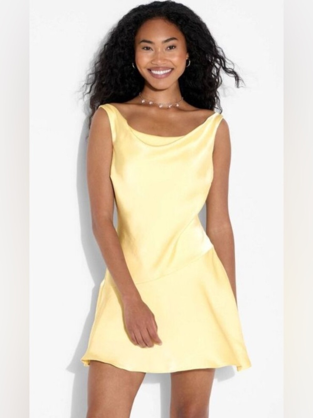 Wild Fable Satin Mini Yellow Cowl Neck Sleeveless Dress